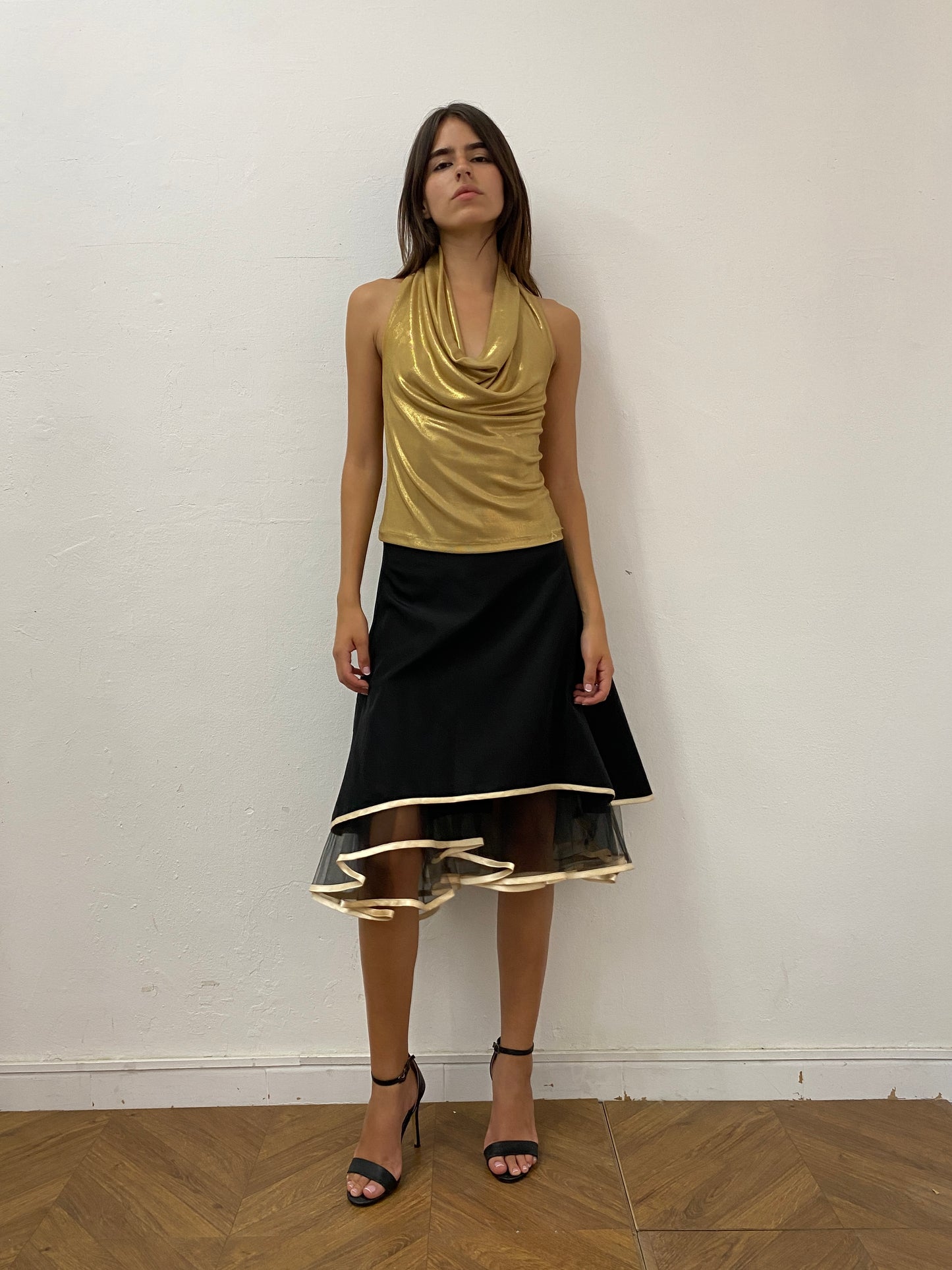 GOLD HALTER DRAPED TOP
