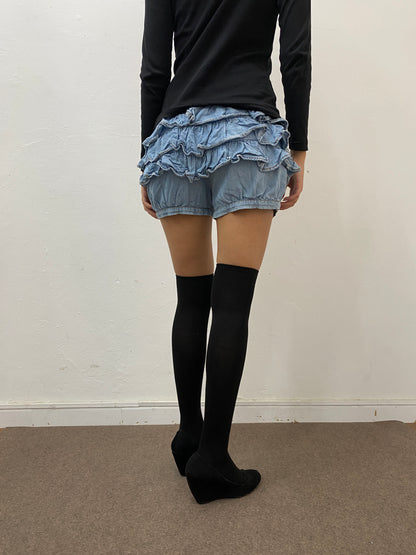 RUFFLED DENIM MINI SHORTS