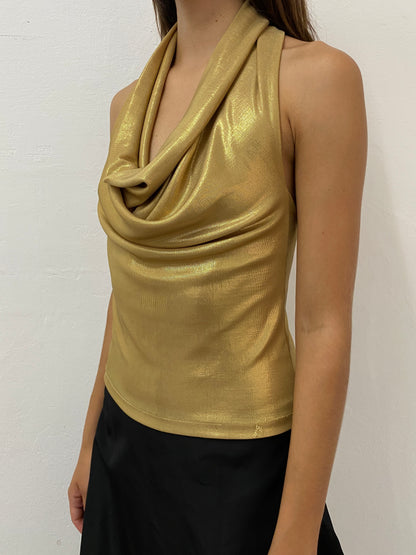 GOLD HALTER DRAPED TOP