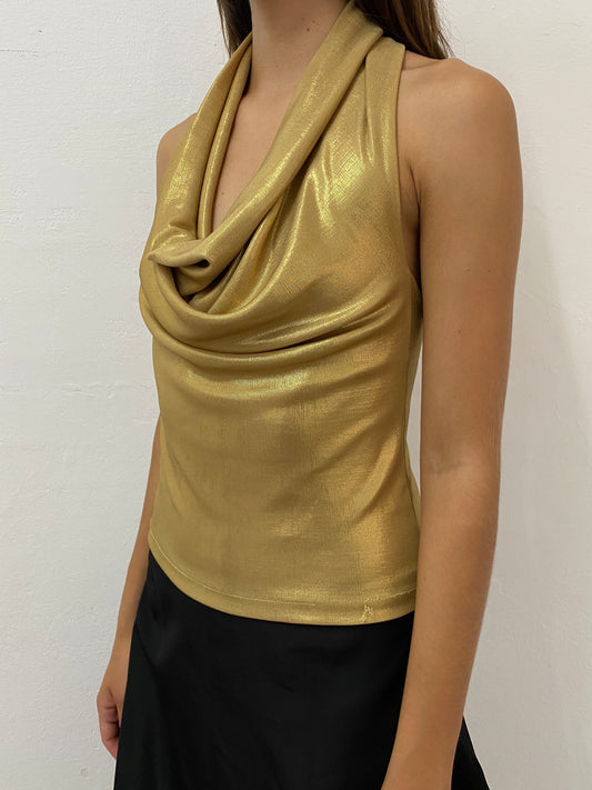 GOLD HALTER DRAPED TOP