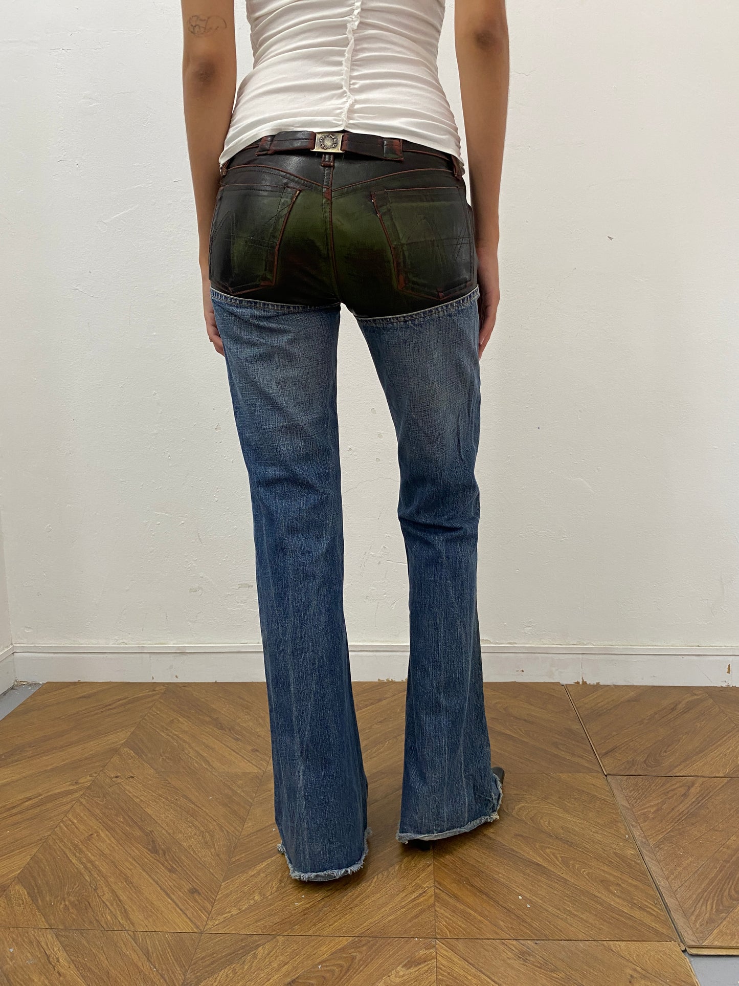 LEATHER PATCH BOOTCUT JEANS